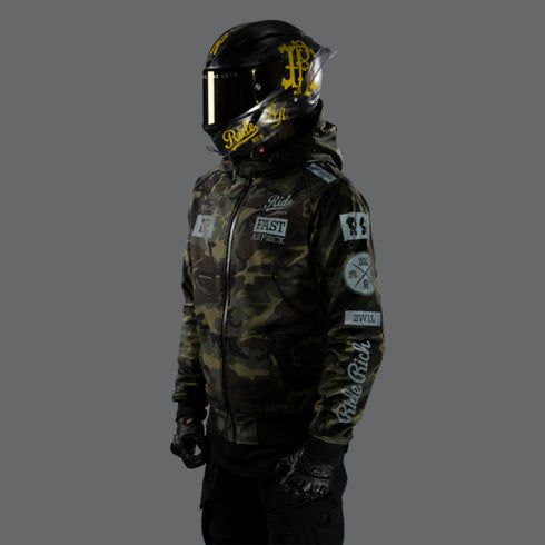 Ride Rich Regency Armoured GP Softshell Hooded Motorcycle Jacket - Woodland Camo